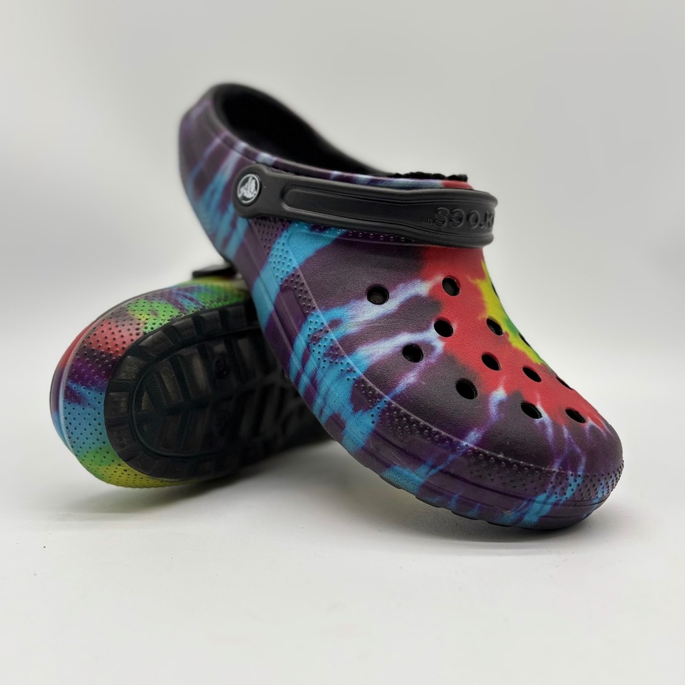Crocs Classic Lined Clog Tie Dye Multi Color Mens 11 Black Fuzzy Insole Slip On